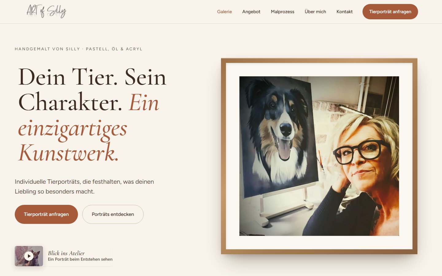 Art of Silly Startseite mit Tierporträt-Hero auf dem Desktop