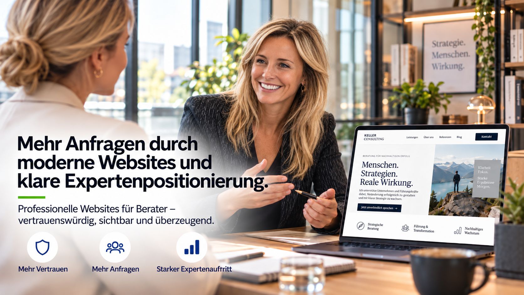 Website für Berater: Beraterin präsentiert ihre Consulting-Website im Gespräch