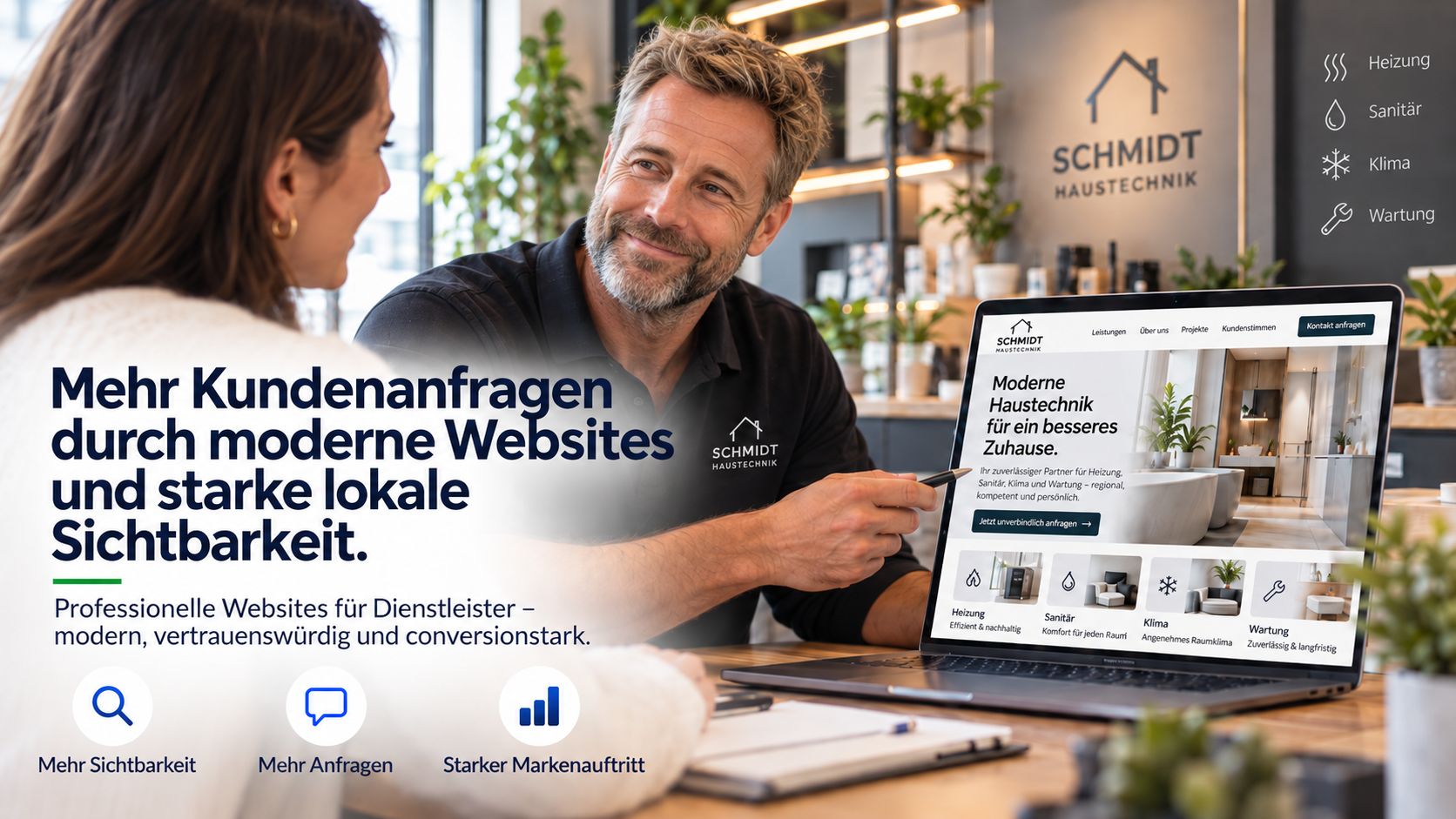 Website für Dienstleister: Haustechniker zeigt Kundin seine moderne Firmenwebsite