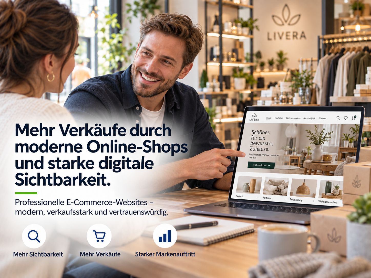 Website für E-Commerce: Berater zeigt Kundin einen modernen Online-Shop