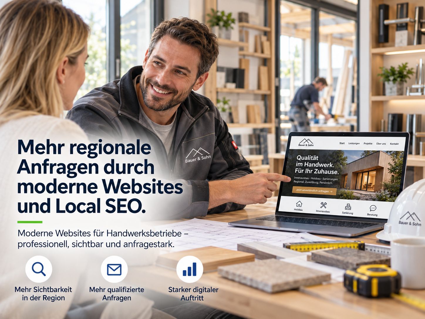 Website für Handwerksbetriebe: Handwerker zeigt Kundin die neue Website