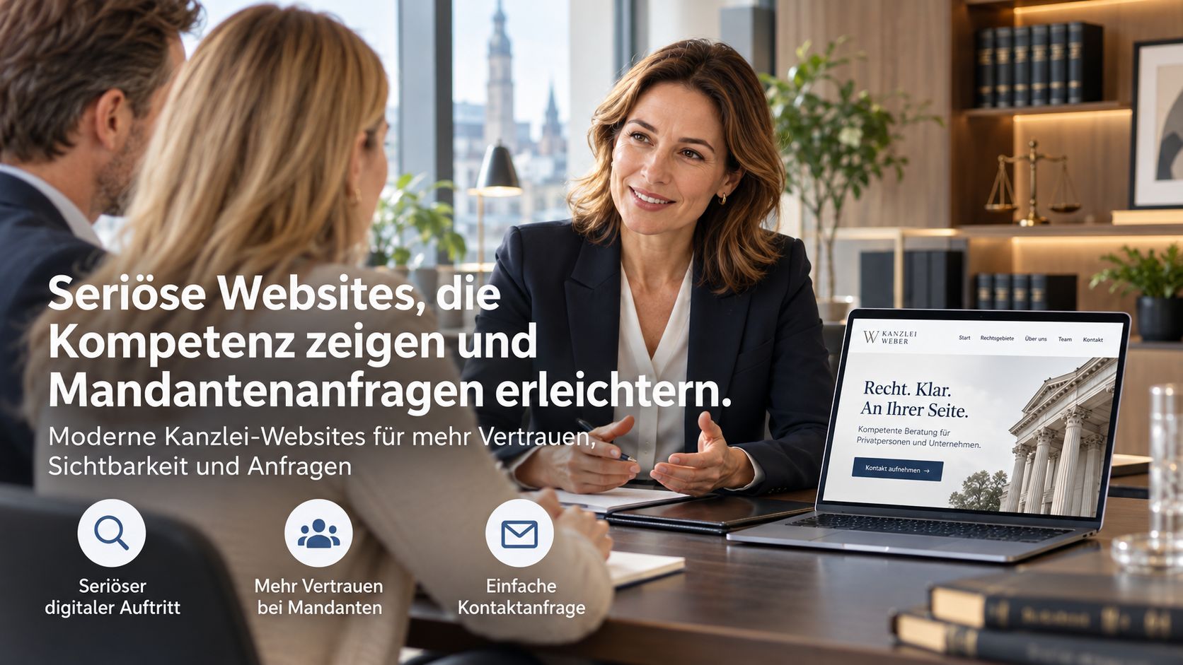 Website für Kanzleien: Anwältin berät Mandanten neben moderner Kanzlei-Website