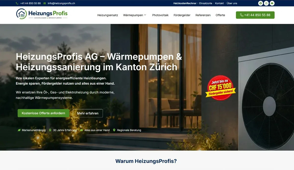 Website der HeizungsProfis AG auf dem Bildschirm