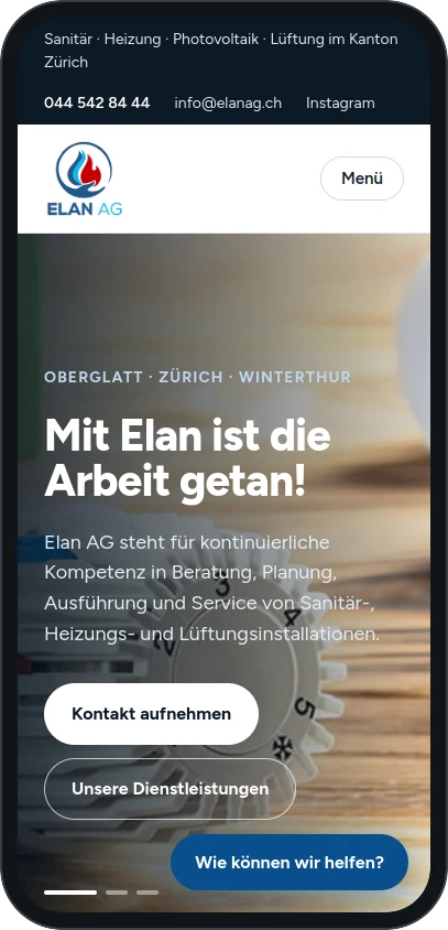 Mobile Ansicht der ELAN AG Website mit Anfrage-Button „Wie können wir helfen?“