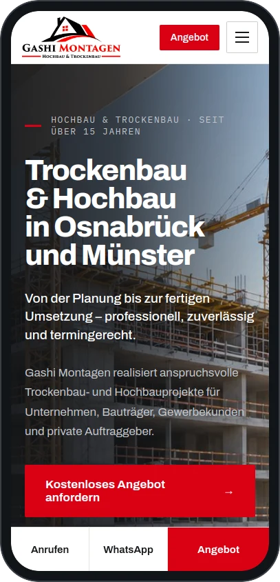 Mobile Ansicht der Gashi Montagen Website mit Anruf-, WhatsApp- und Angebots-Leiste