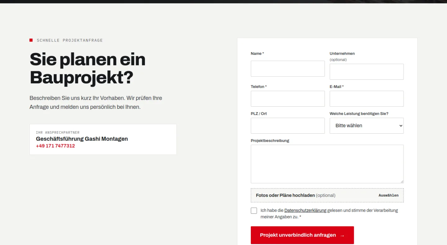 Schnelle Projektanfrage auf der Gashi Montagen Website