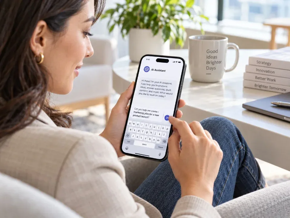 Frau fragt einen AI-Assistenten auf dem Smartphone