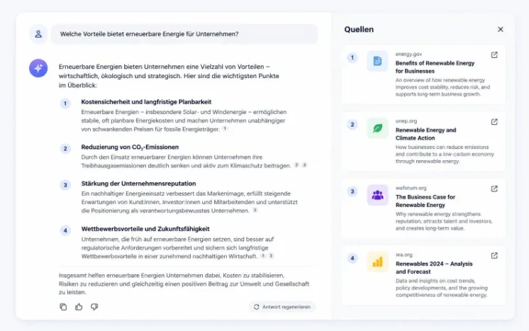 AI-Antwort mit Quellenliste