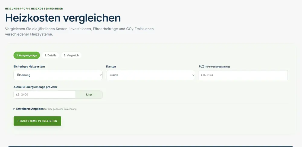 Heizkostenrechner auf der Website der HeizungsProfis AG