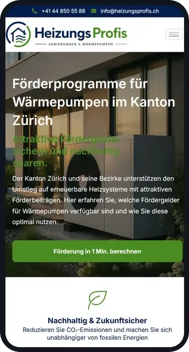 Mobile Ansicht der Website der HeizungsProfis AG