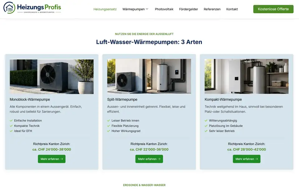 Website der HeizungsProfis AG: Übersicht der Luft-Wasser-Wärmepumpen mit Richtpreisen