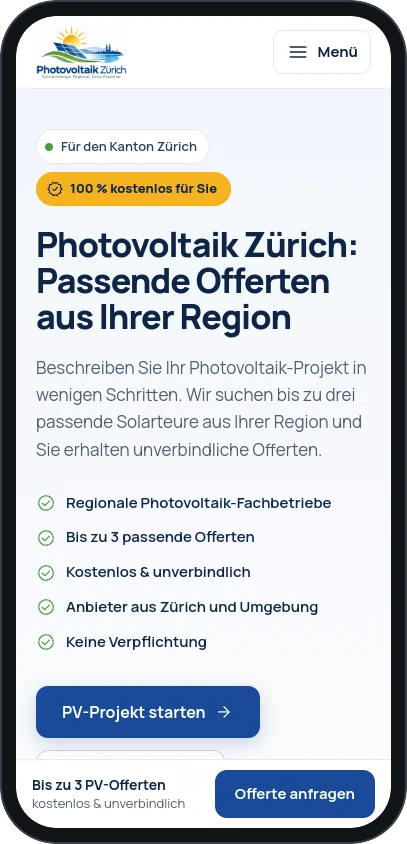 Mobile Ansicht von photovoltaikzuerich.ch mit fester Leiste „Offerte anfragen“
