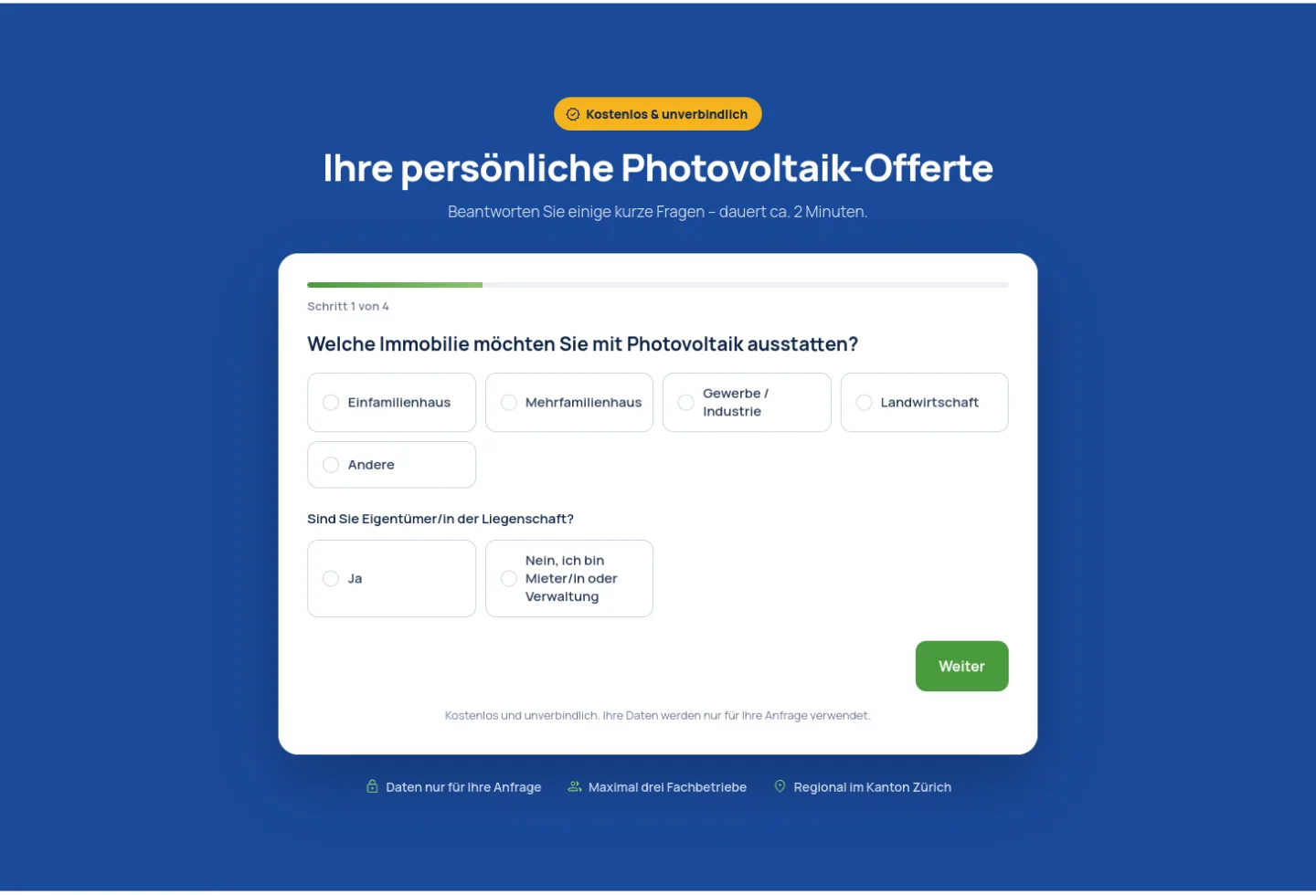 Offertformular in 4 Schritten für Photovoltaik-Anlagen im Kanton Zürich