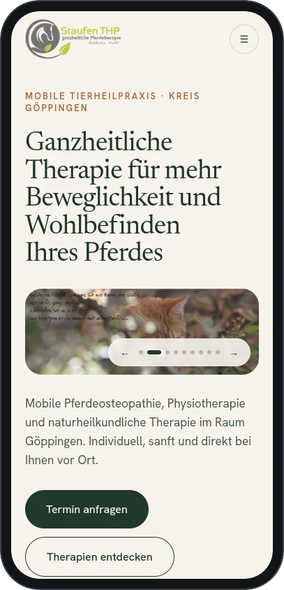 Mobile Ansicht der Staufen THP Website mit Termin-Anfrage