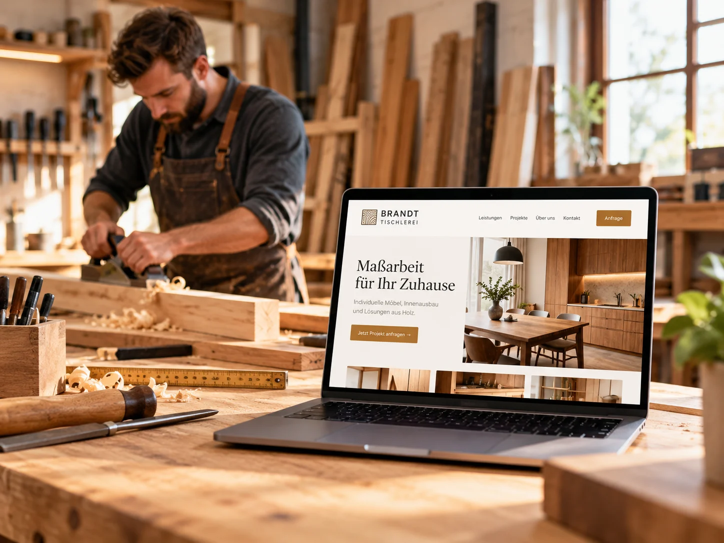 Neue Website der Tischlerei Brandt auf einem Laptop in der Werkstatt