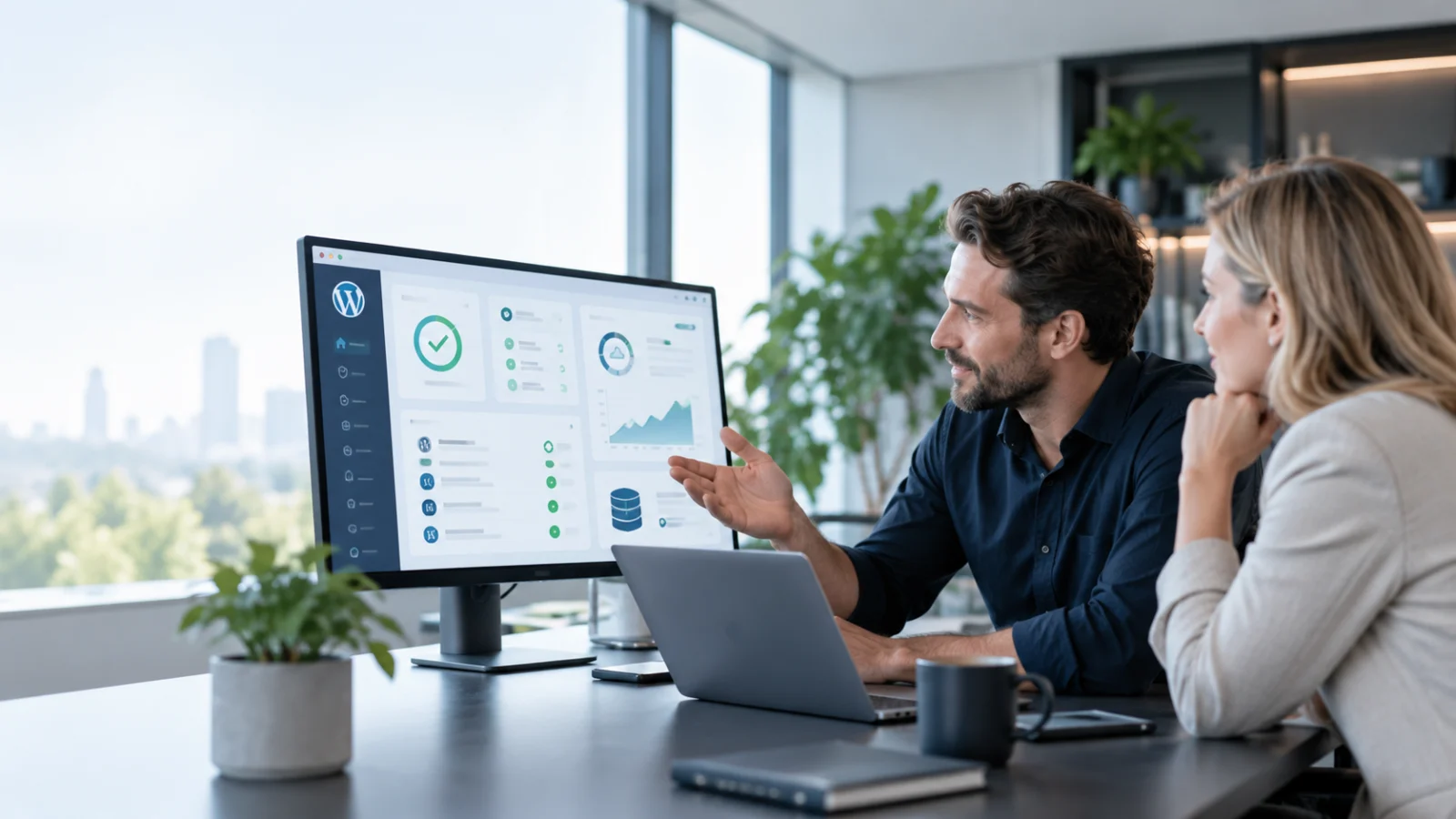 Experte von WPressProfis erklärt einer Kundin das WordPress-Monitoring-Dashboard