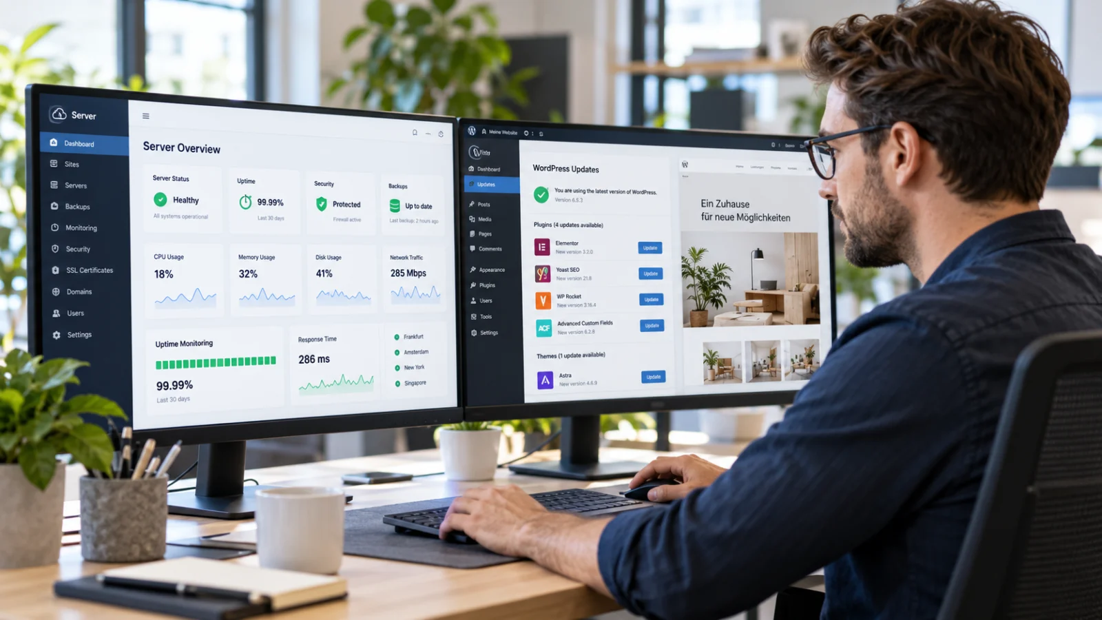 WordPress-Wartung: Server-Monitoring und Plugin-Updates auf zwei Bildschirmen