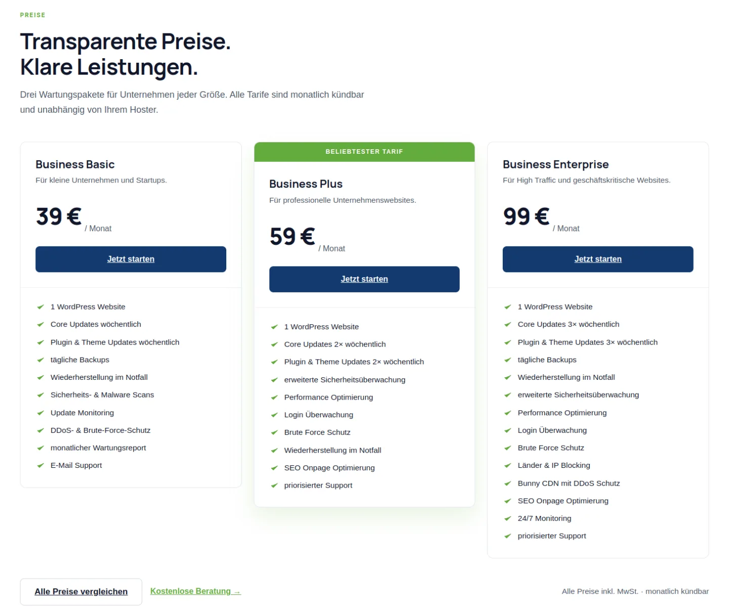 Drei Wartungstarife Business Basic, Plus und Enterprise online buchbar