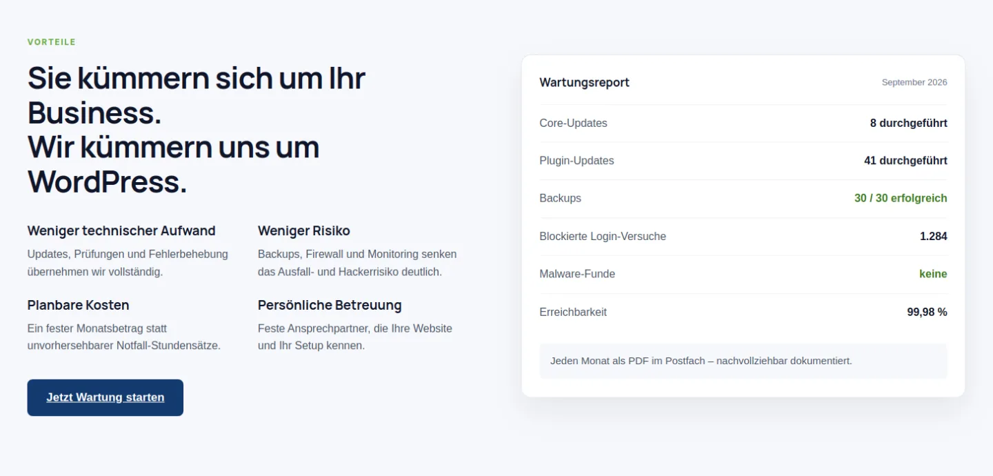 Beispiel-Wartungsreport auf der WPressWartung Website