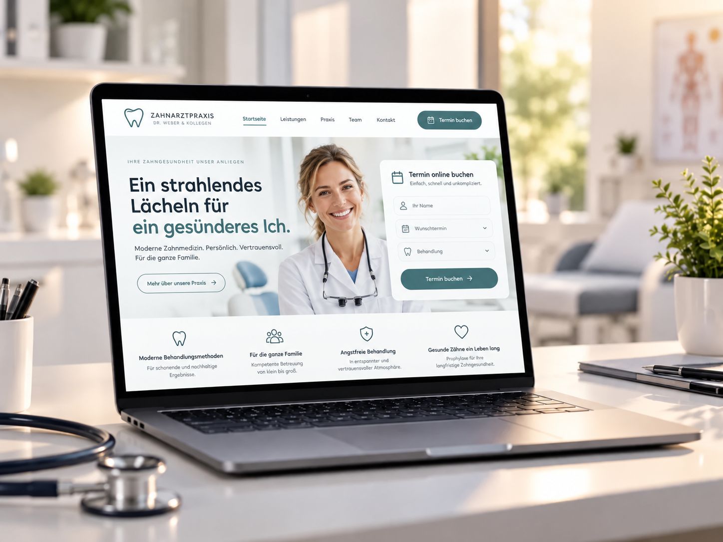 Zahnarzt-Website auf einem Laptop